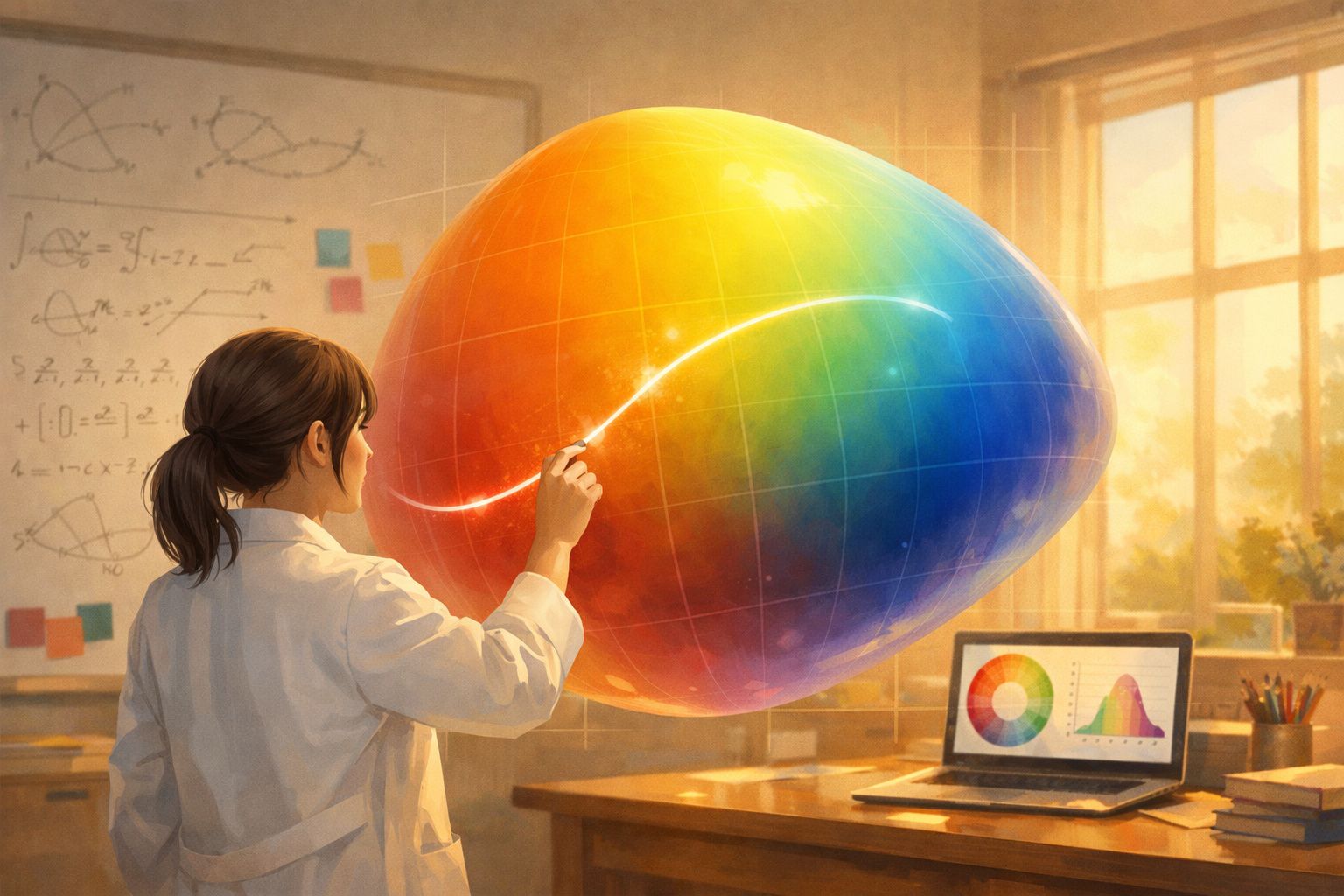 Mulher cientista desenhando curva luminosa em esfera colorida holográfica em sala com quadro e laptop.