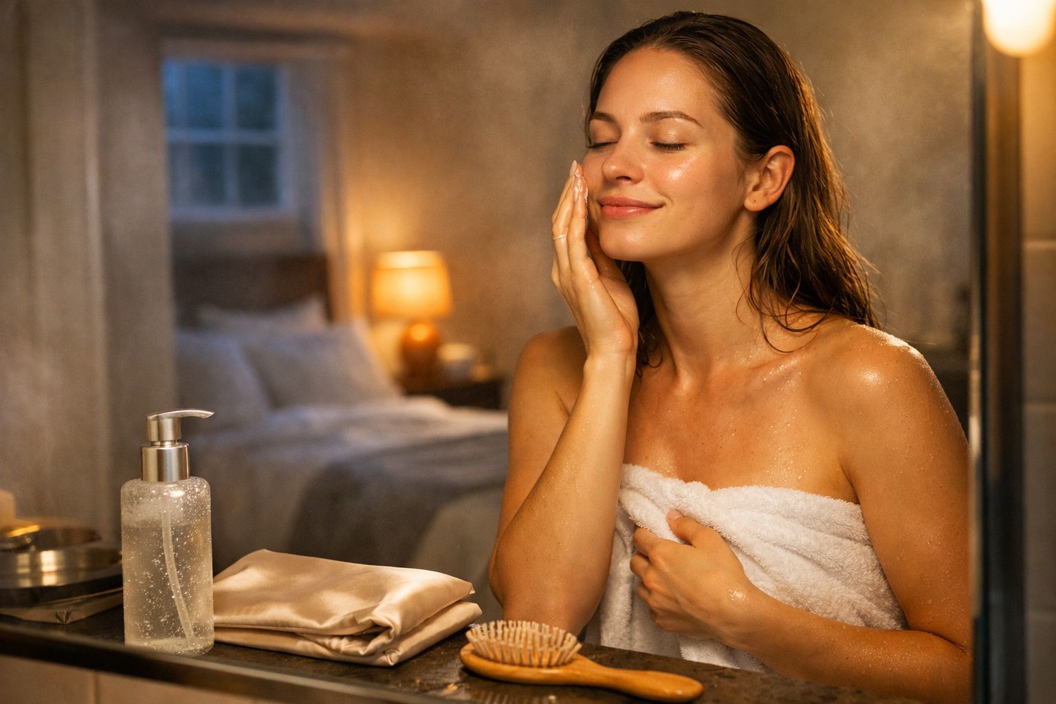 Mulher com toalha branca no corpo aplica creme no rosto em ambiente aconchegante e iluminado.