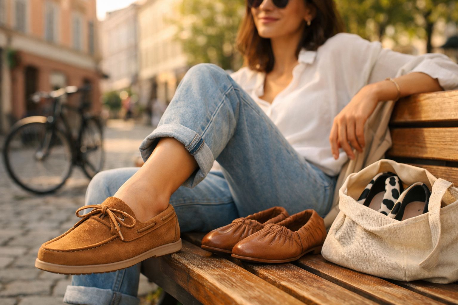 Pessoa sentada em banco de praça usando jeans e sapato marrom claro, com sapatos e bolsa ao lado.