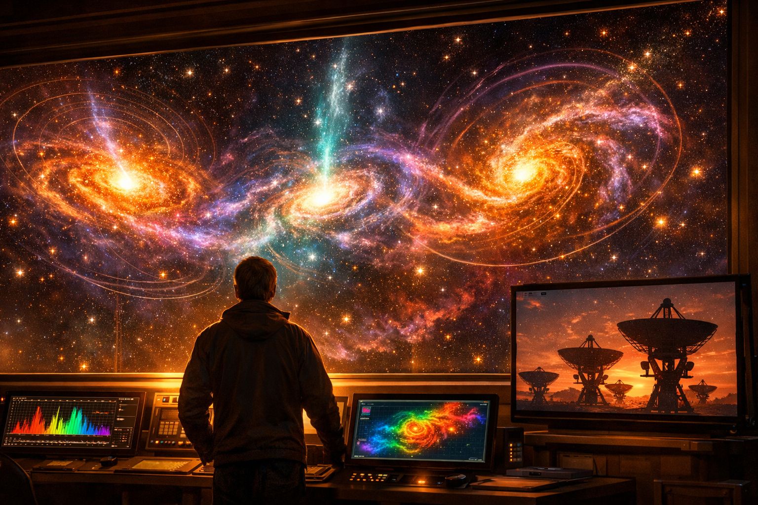 Pessoa observando galáxias coloridas e sinais de rádio em uma sala de controle espacial.