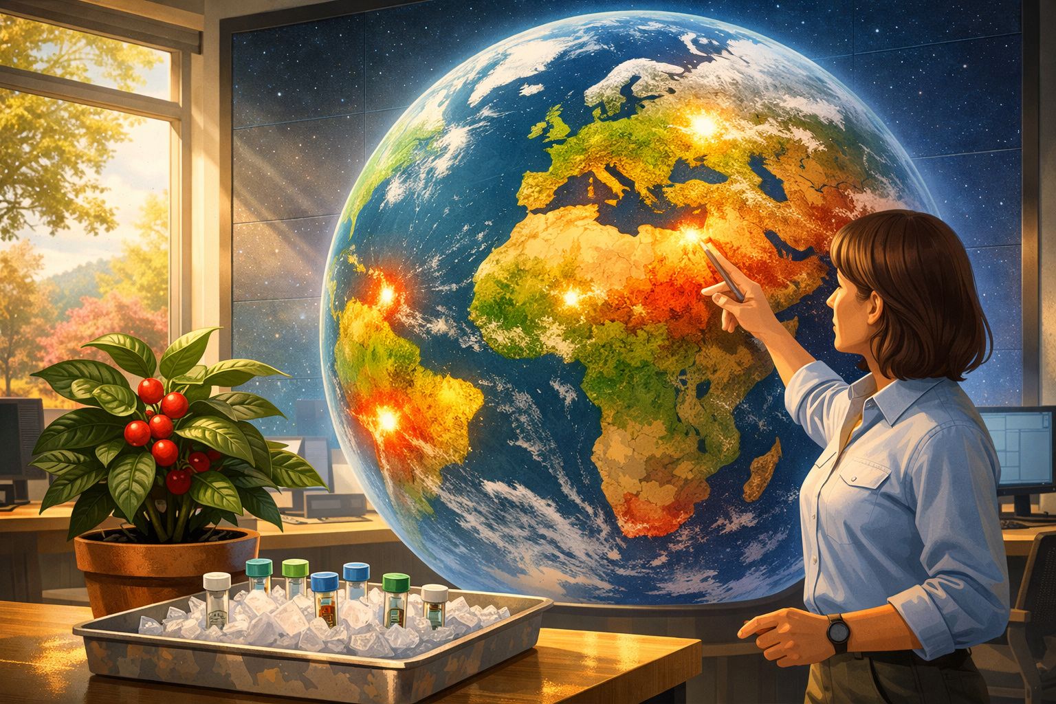 Mulher em sala observando mapa digital do planeta Terra com pontos iluminados e planta com frutos vermelhos.