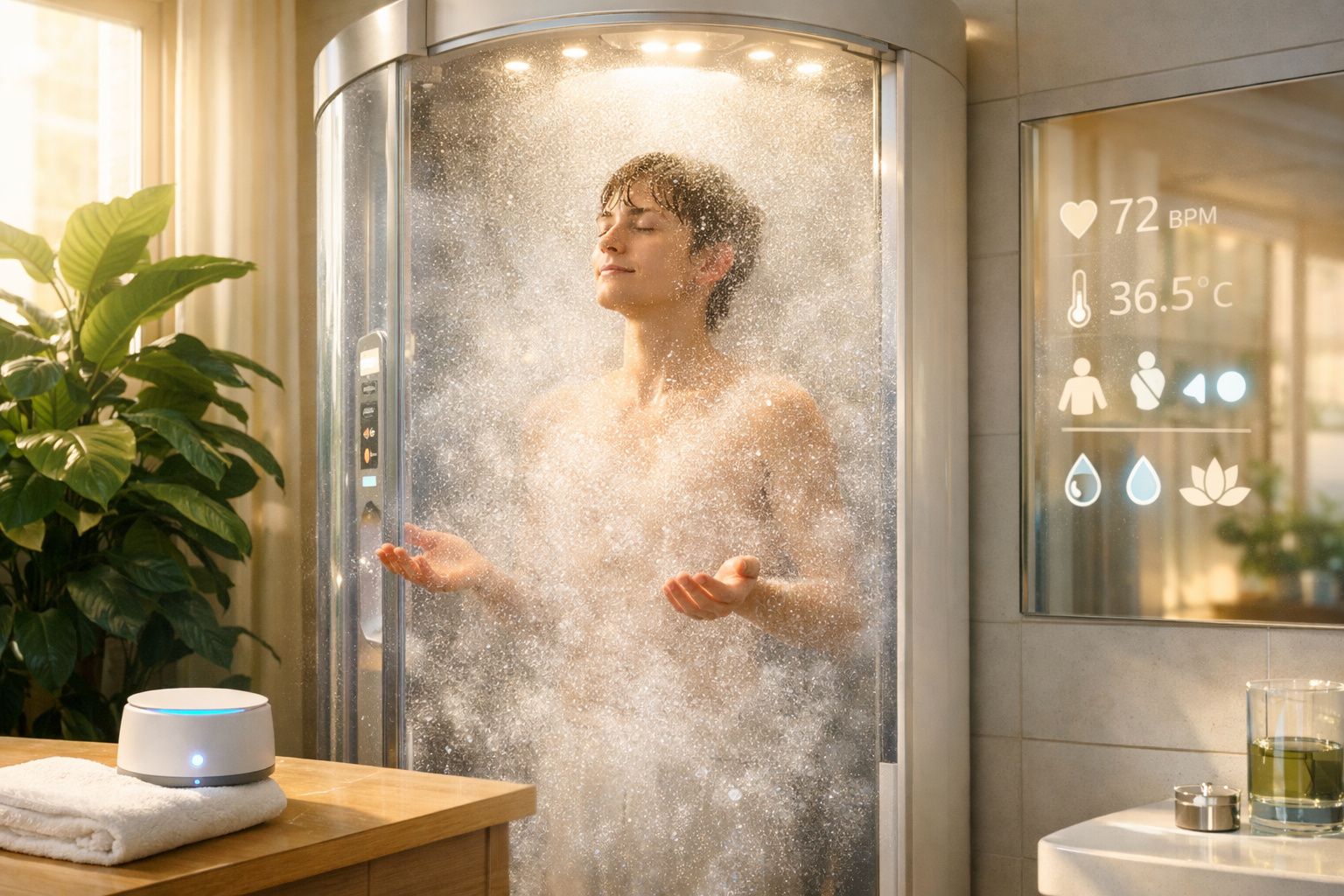 Homem relaxando em banho de vapor com mostrador digital de sinais vitais ao fundo.