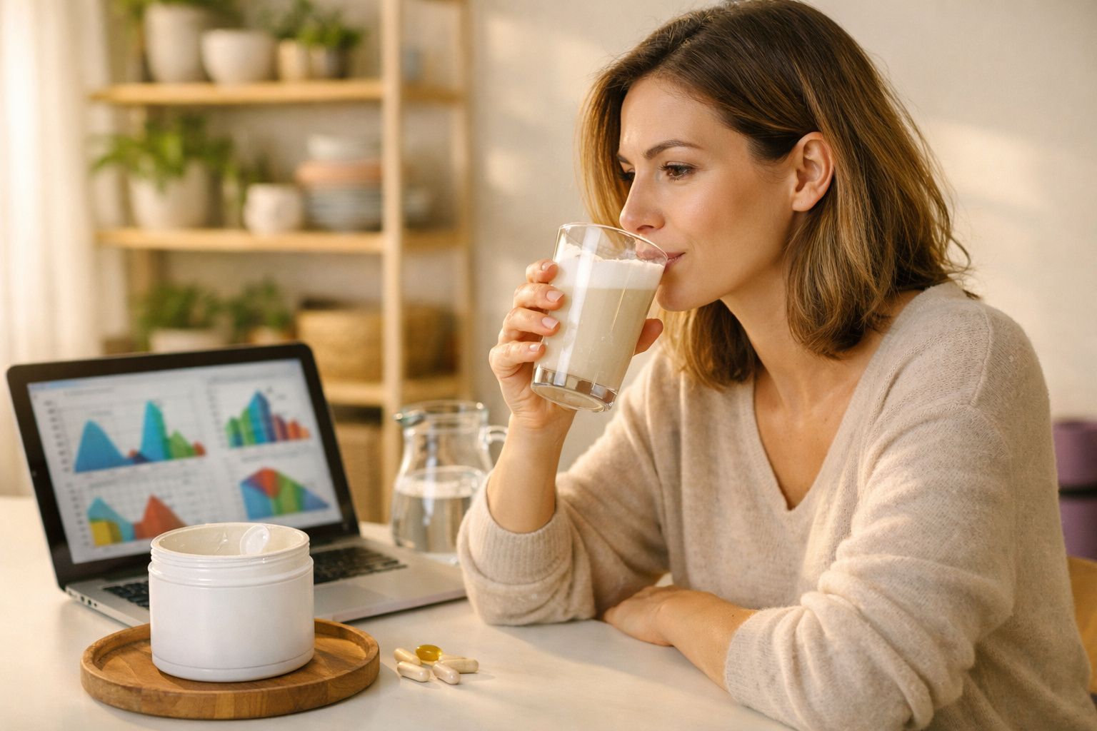 Mulher sentada tomando suplemento em copo de vidro com laptop e frascos na mesa.