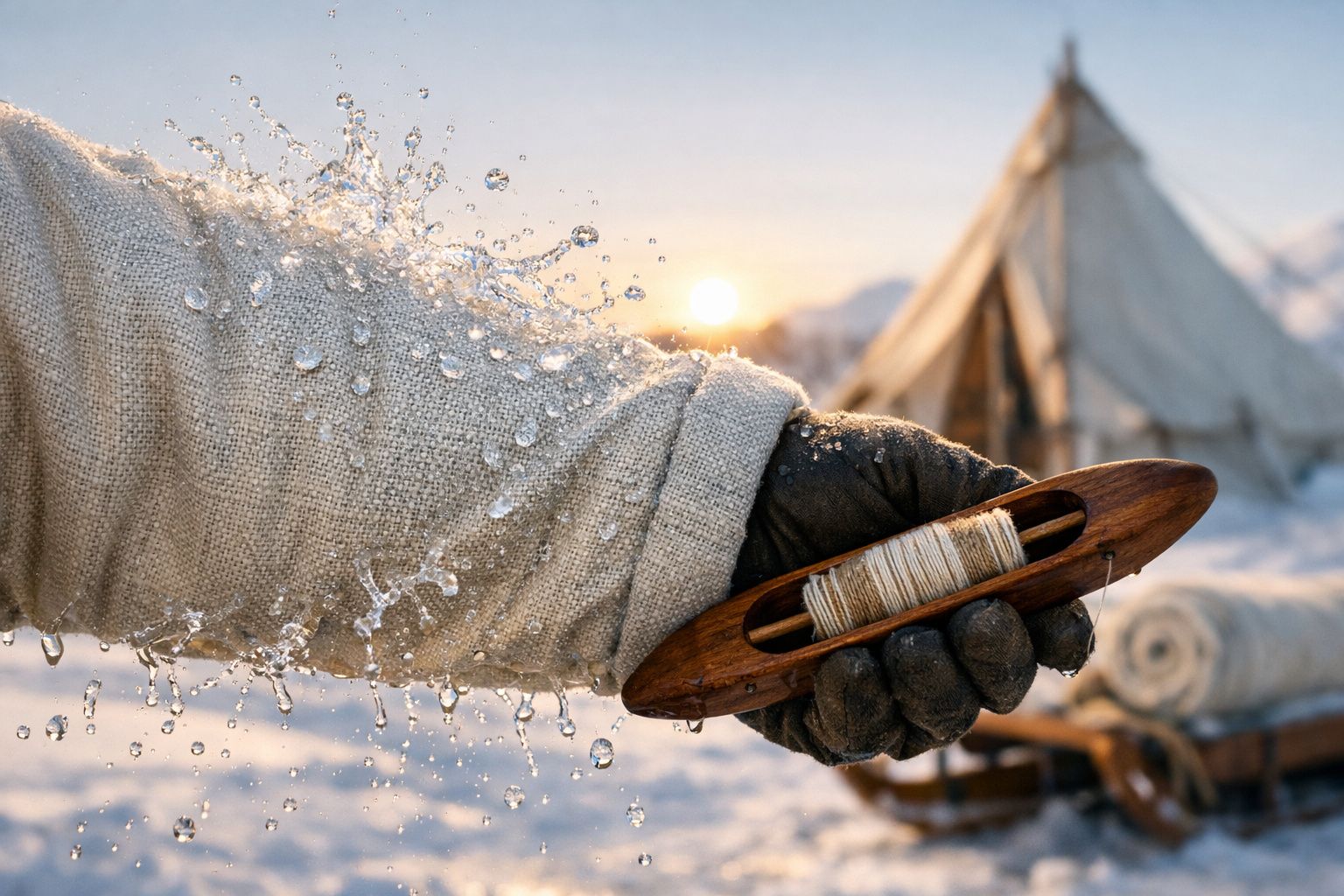 Braço com roupa de lã molhada segurando uma trama de linha em ambiente frio com barracas ao fundo.