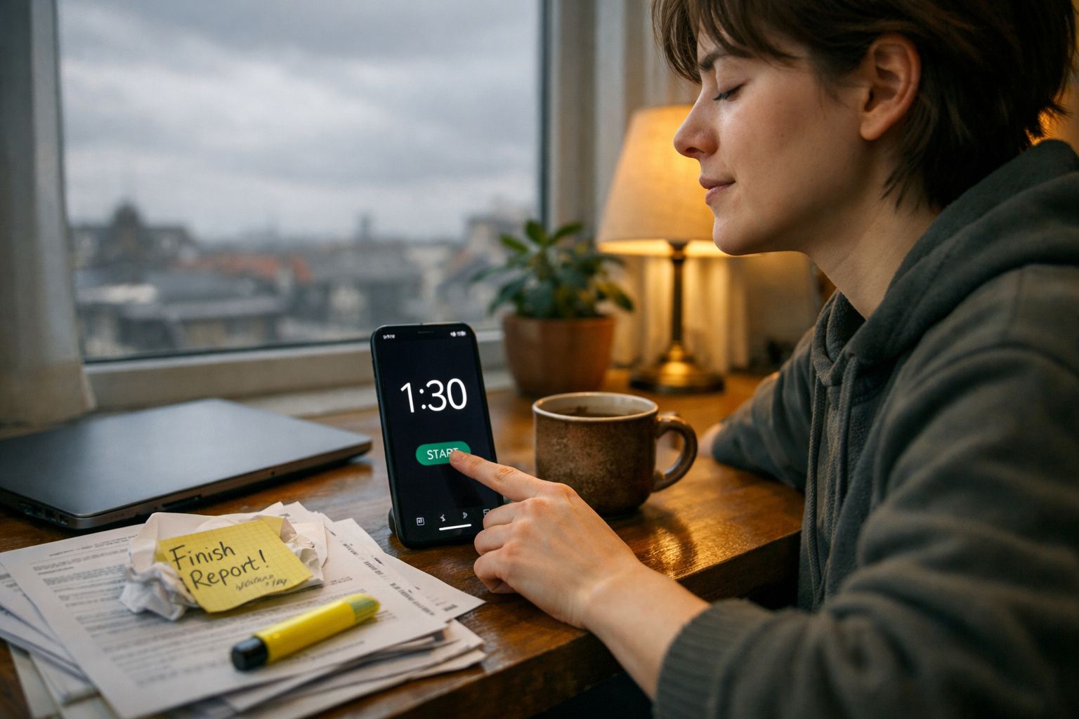 Pessoa tocando o botão "start" em um cronômetro no celular em mesa com café e documentos.