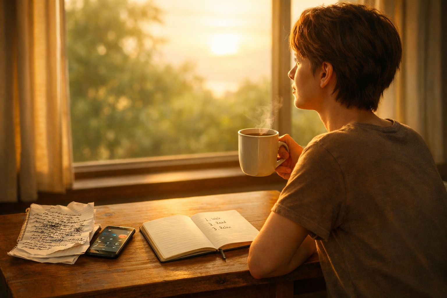 Pessoa olhando pela janela ao amanhecer enquanto segura xícara de café fumegante em mesa com caderno e celular.