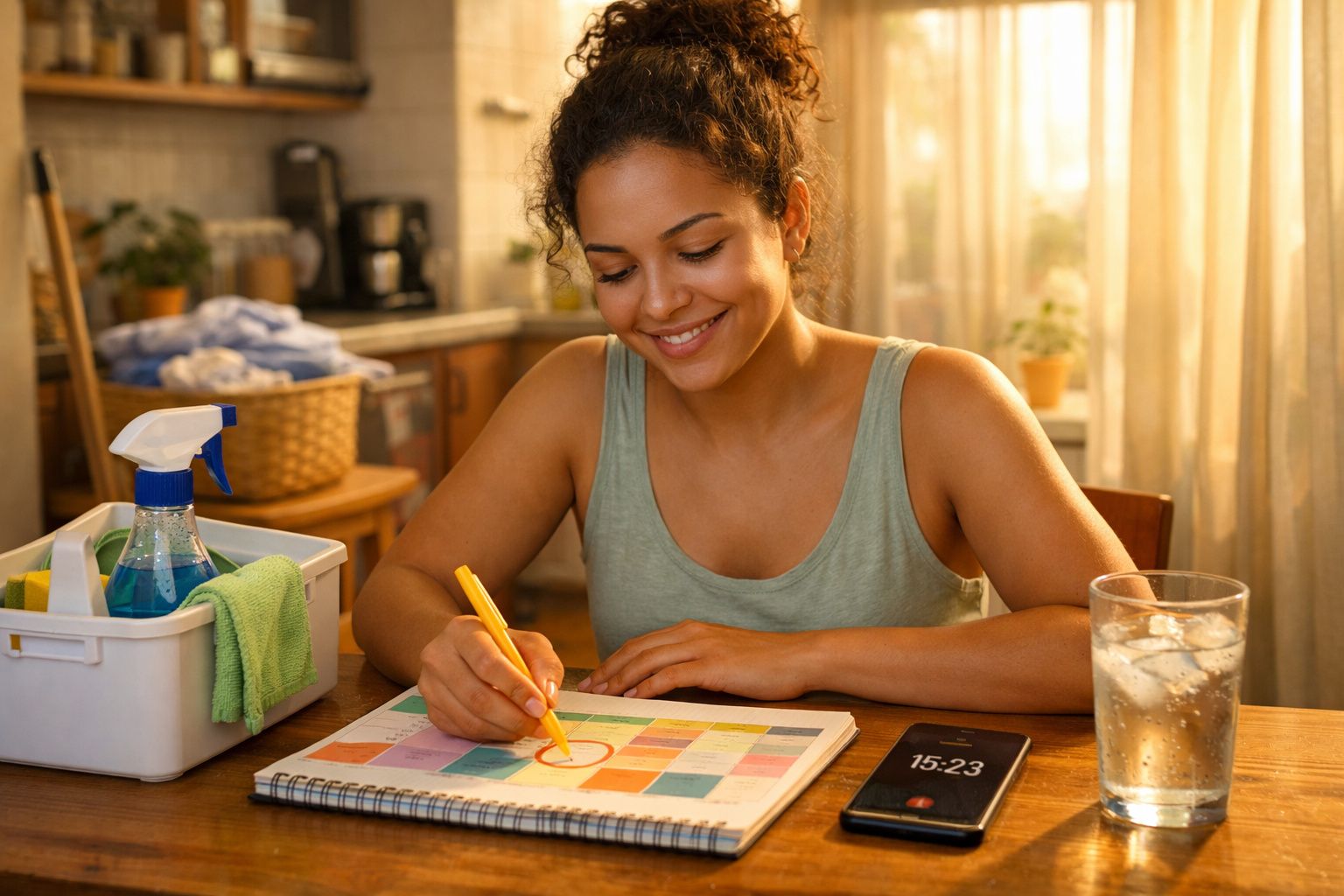Mulher sorridente planejando tarefas em agenda na mesa com garrafa de água e celular ao lado.