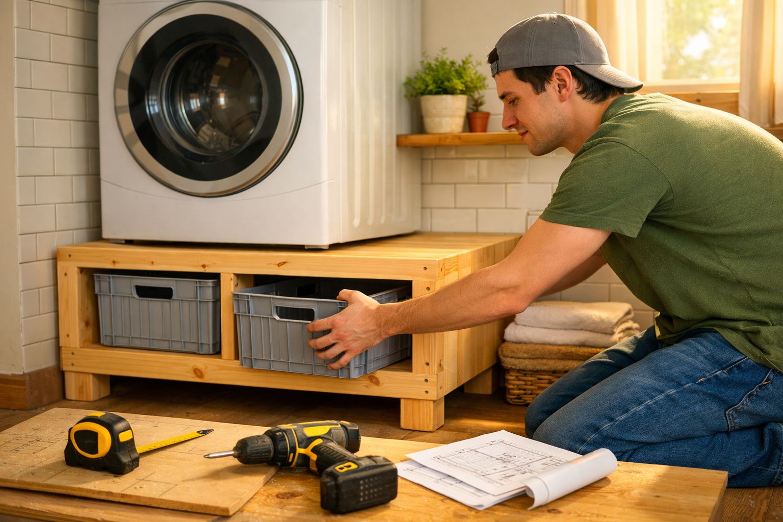 Homem instala móvel de madeira com cestos plásticos em área de lavanderia com máquina de lavar.