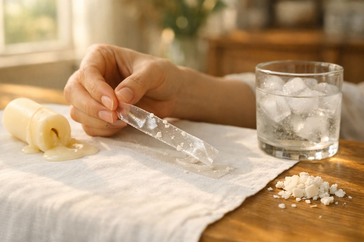 Mão raspando resina branca de uma lâmina, ao lado de vela derretida e copo com gelo sobre mesa.