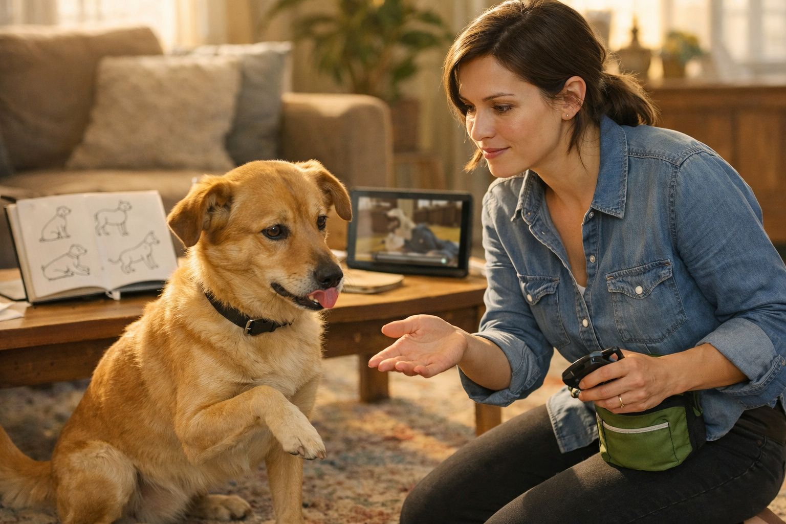 Mulher treinando cachorro sentado, ensinando-o a dar a pata em sala de estar aconchegante.