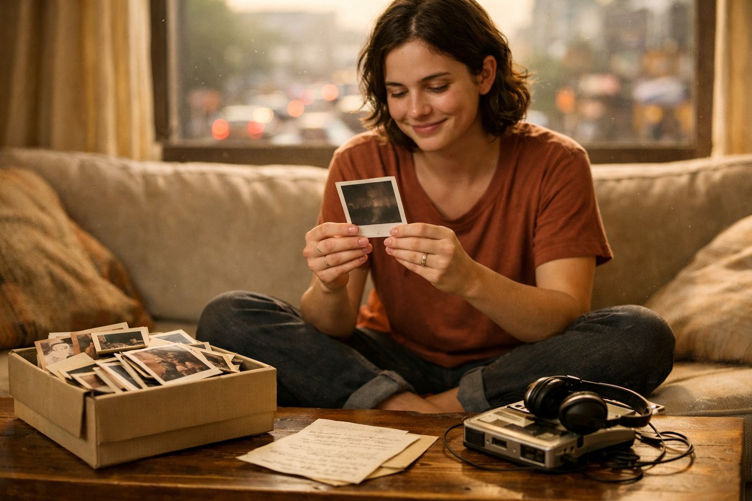 Mulher sentada no sofá olhando uma foto antiga, com caixas de fotos e toca fitas à sua frente.