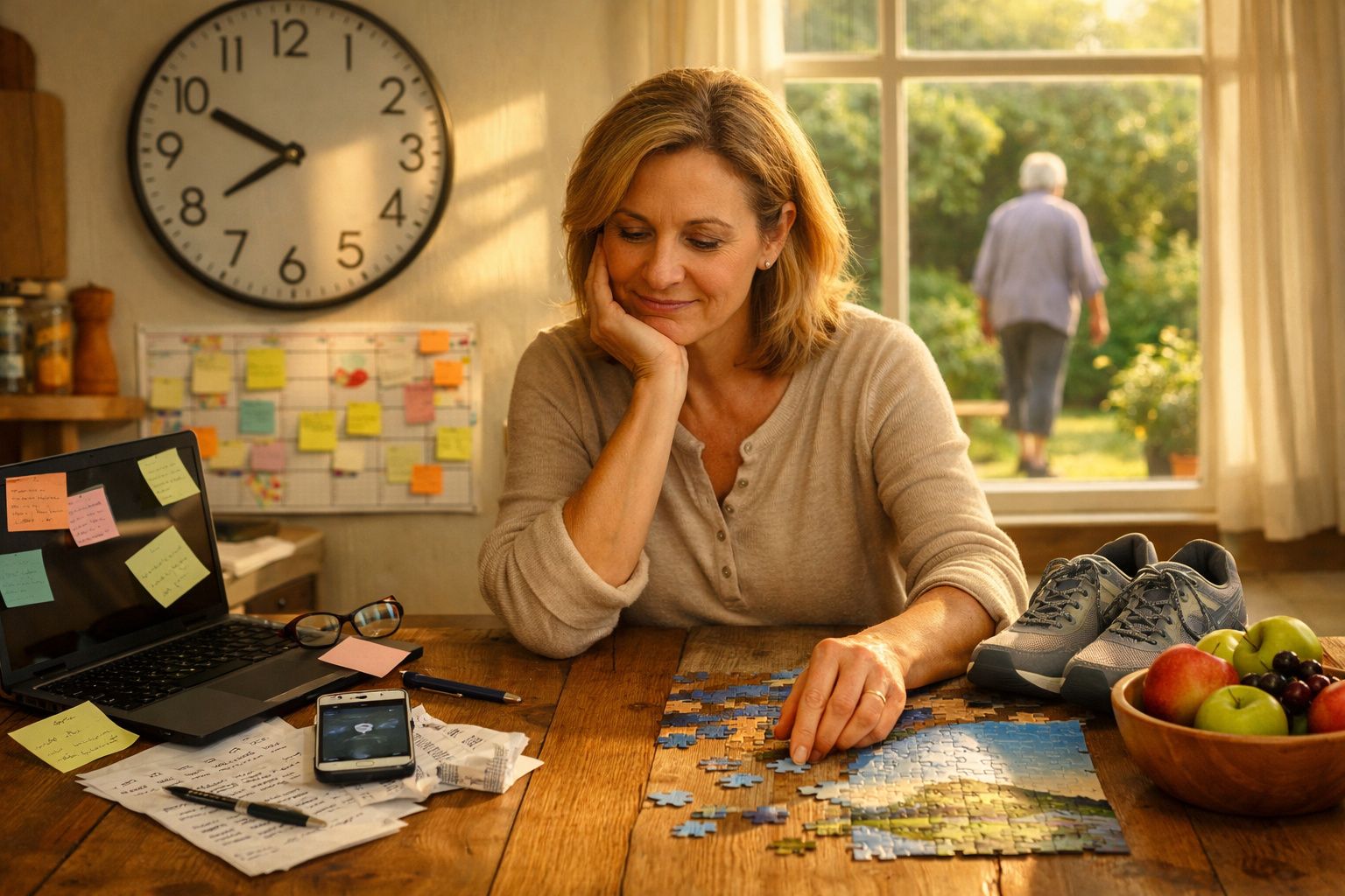 Mulher montando quebra-cabeça em mesa com laptop, frutas, tênis e relógio na parede ao fundo.