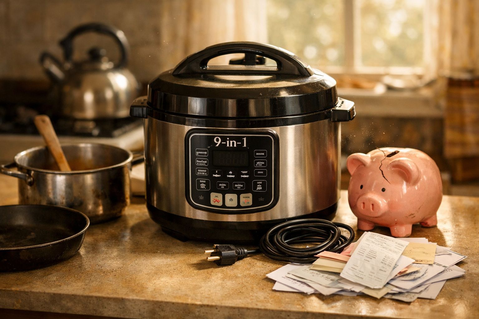 Panela elétrica 9 em 1 ao lado de cofrinho com rachadura e contas sobre mesa de cozinha.
