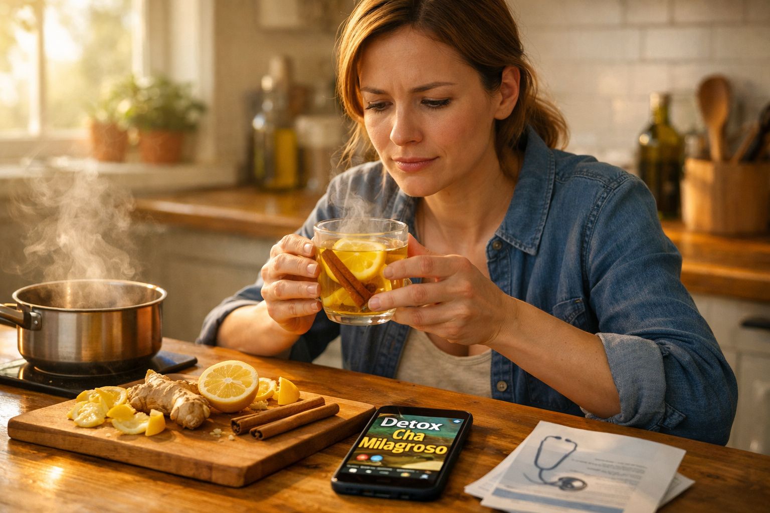 Mulher segura copo de chá com canela e limão, ao lado de ingredientes naturais e smartphone na mesa.