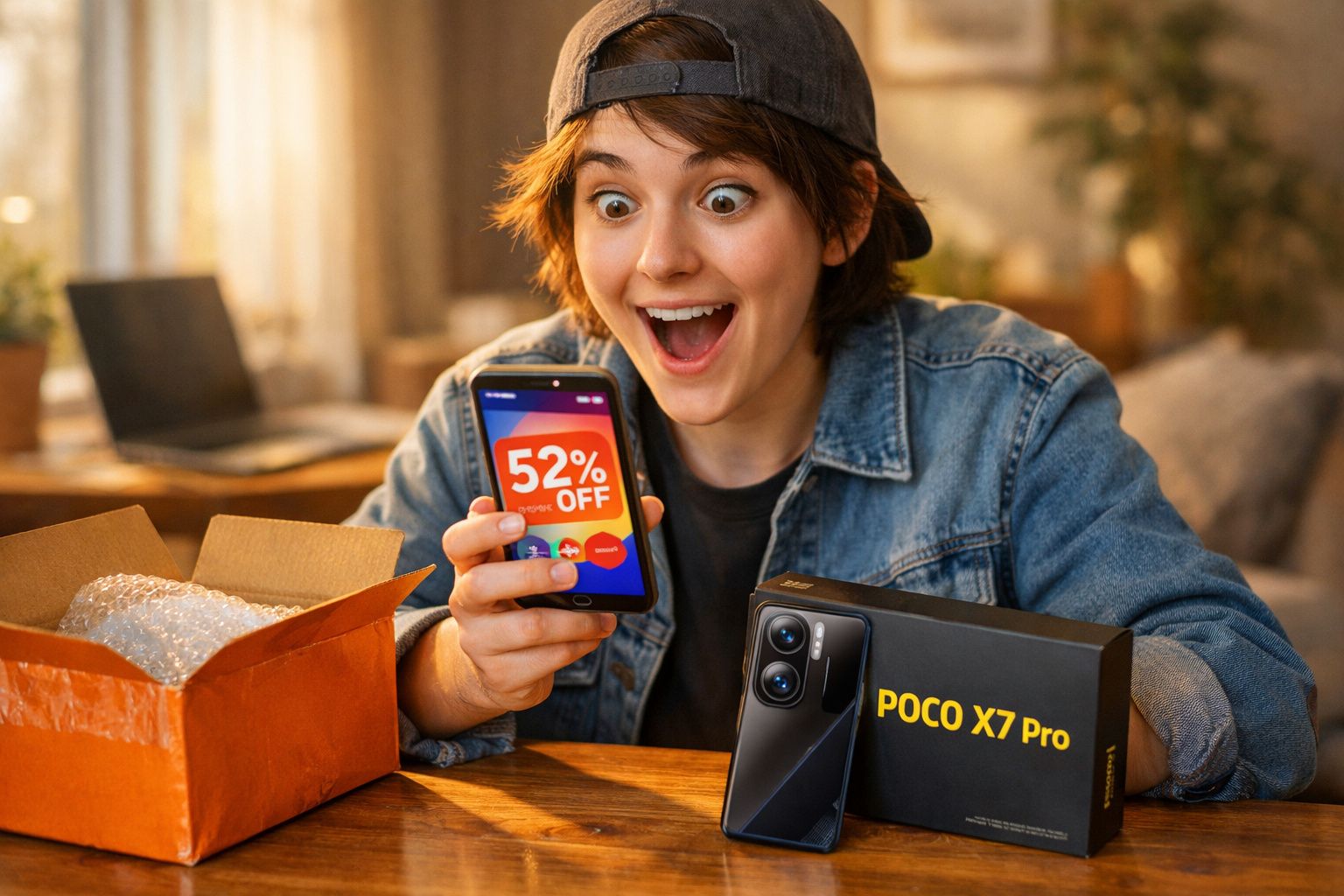Pessoa jovem animada mostra smartphone com promoção de 52%off ao lado de caixa e celular POCO X7 Pro na mesa.
