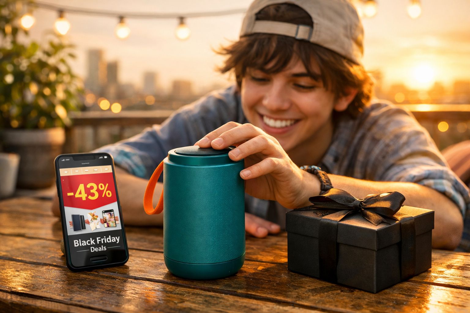 Jovem sorridente mexendo em caixa azul ao lado de presente preto e celular com oferta de Black Friday na mesa.