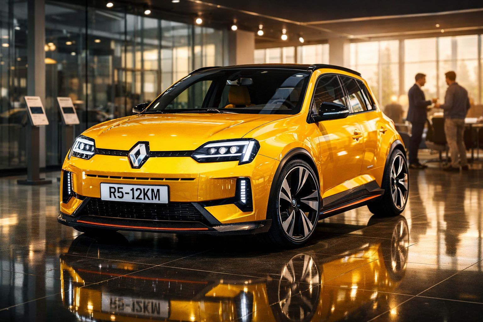 Carro elétrico Renault amarelo em exibição dentro de showroom moderno com pessoas ao fundo.