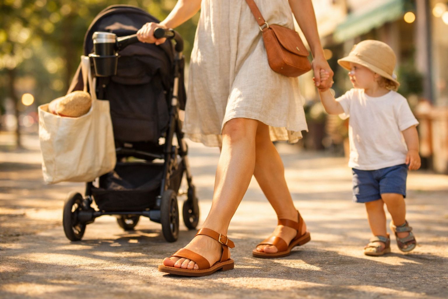 Mulher empurrando carrinho e segurando a mão de criança pequena caminhando ao ar livre.