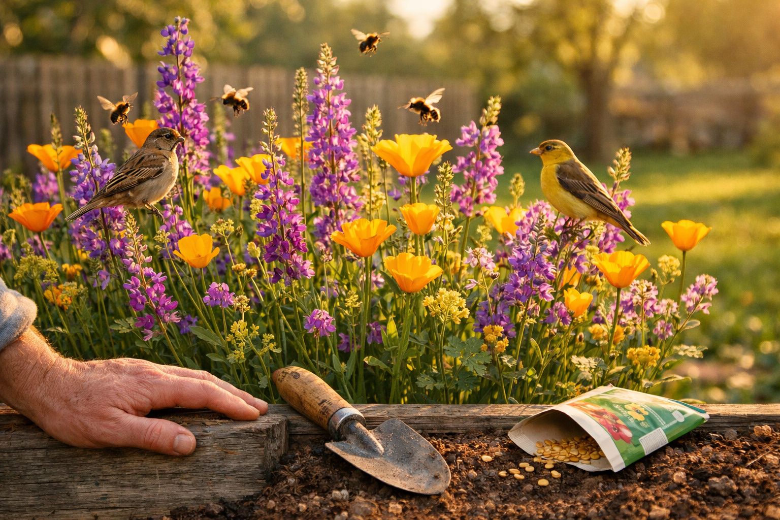 Mãos cuidando de jardim com pá, flores coloridas, pássaros amarelo e marrom e abelhas voando ao sol.