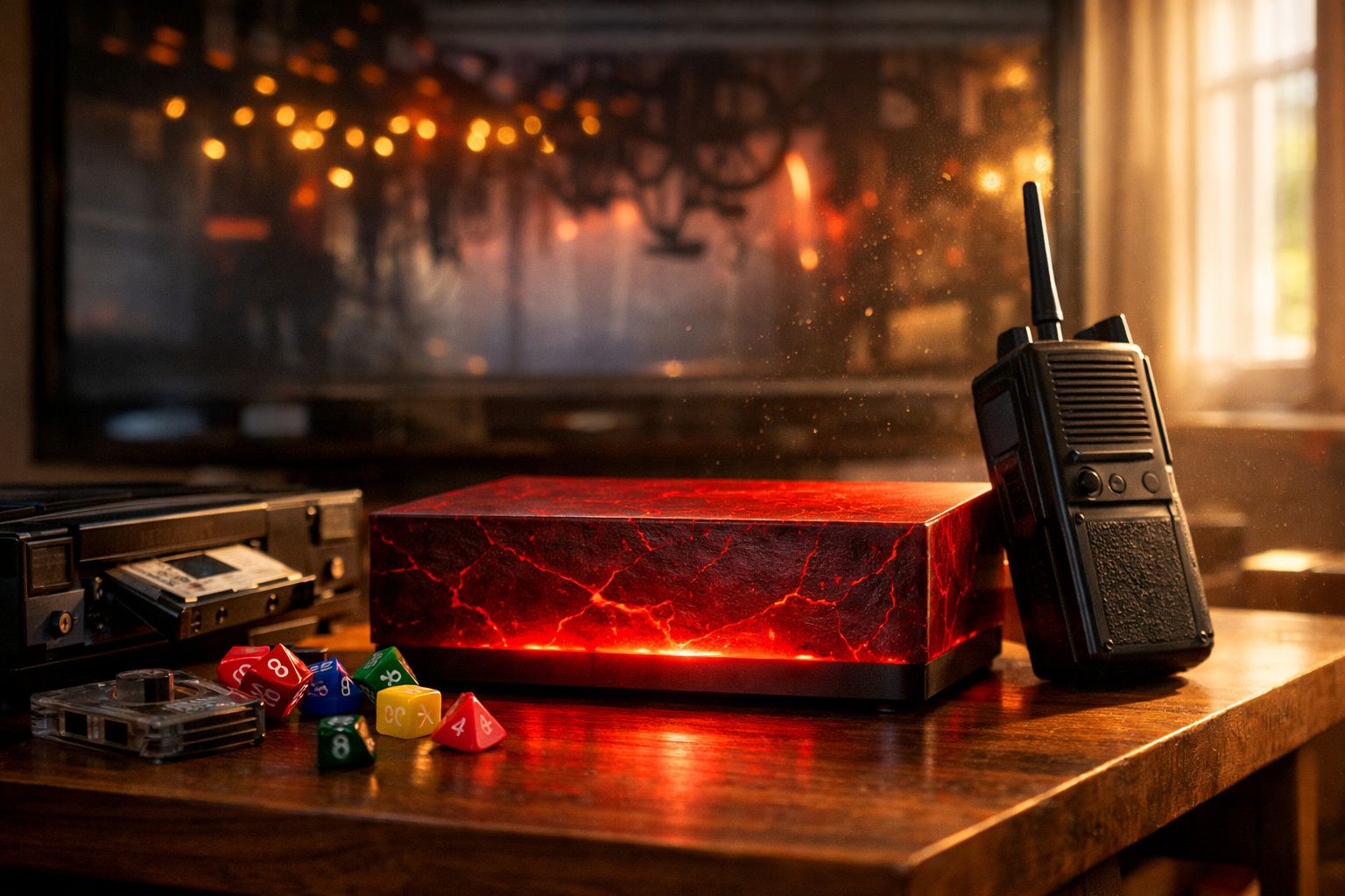 Mesa de madeira com dados coloridos, rádio comunicador, caixa vermelha iluminada e aparelho antigo.