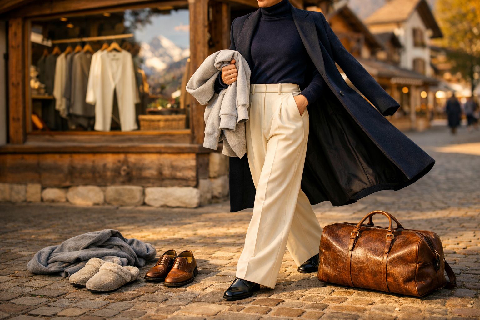Pessoa com calça branca e casaco azul marinho, segurando roupas em área externa com malas e sapatos no chão.