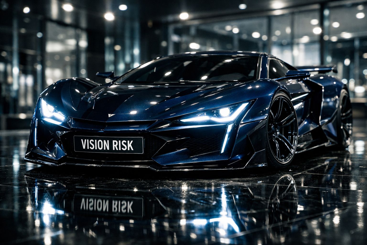 Carro esportivo azul metálico com faróis acesos refletido em piso brilhante em ambiente moderno e iluminado.
