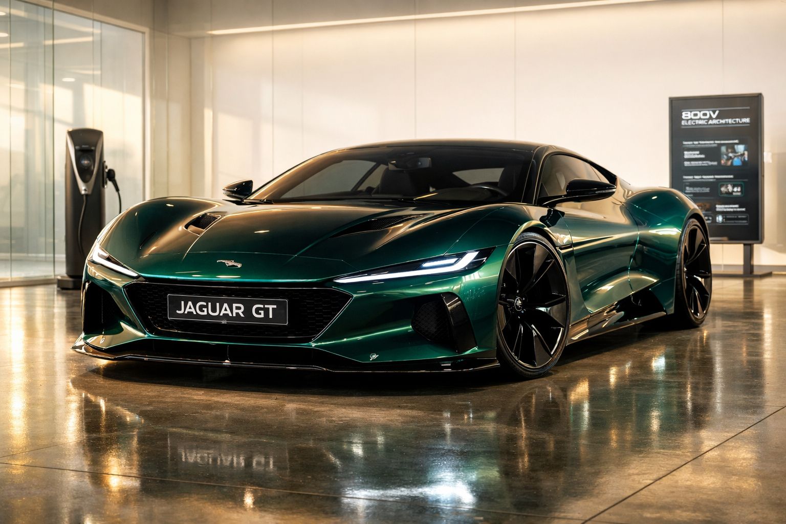 Carro esportivo Jaguar GT verde metálico estacionado em salão moderno com carregador elétrico ao fundo.