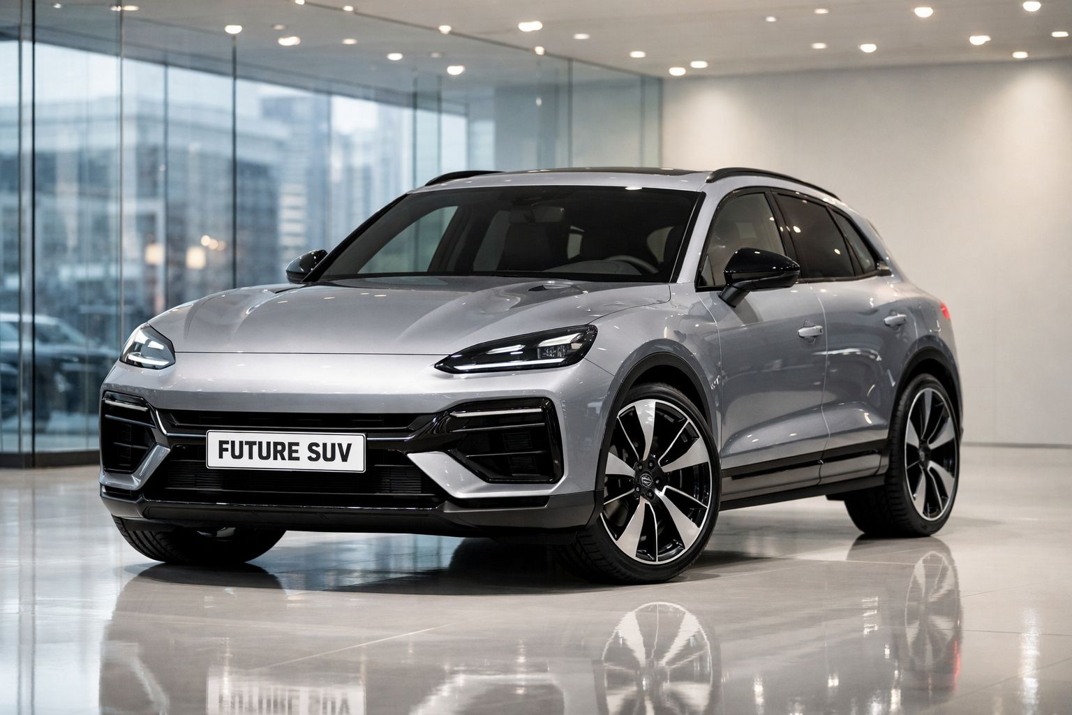 SUV cinza moderno estacionado em ambiente interno com grandes janelas de vidro e luz natural.