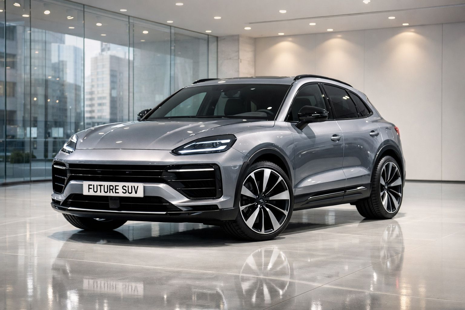 SUV moderno cinza estacionado em showroom com grandes rodas e faróis de LED acesos.