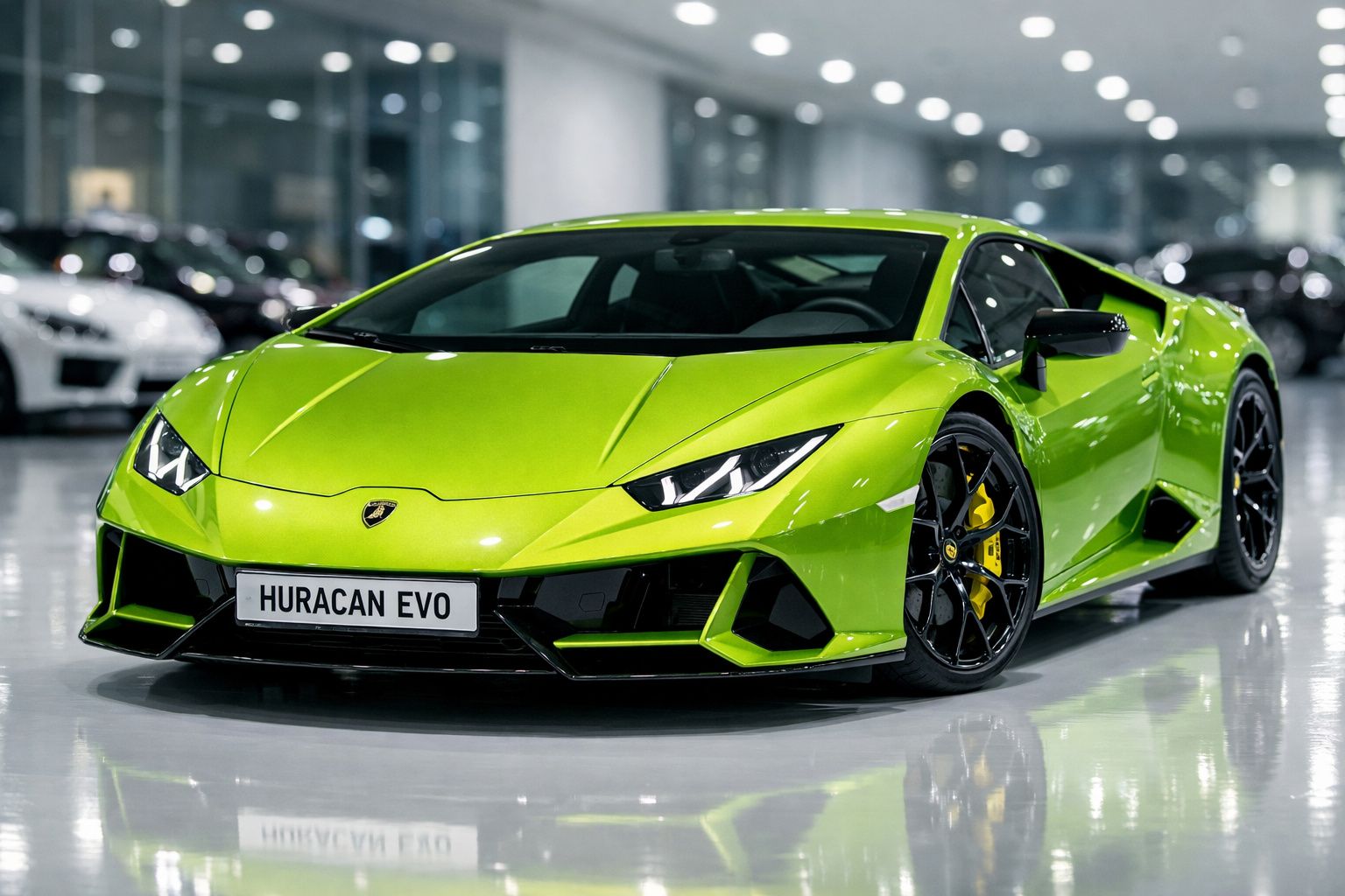Carro esportivo Lamborghini Huracan Evo verde em showroom com piso branco e iluminação moderna.