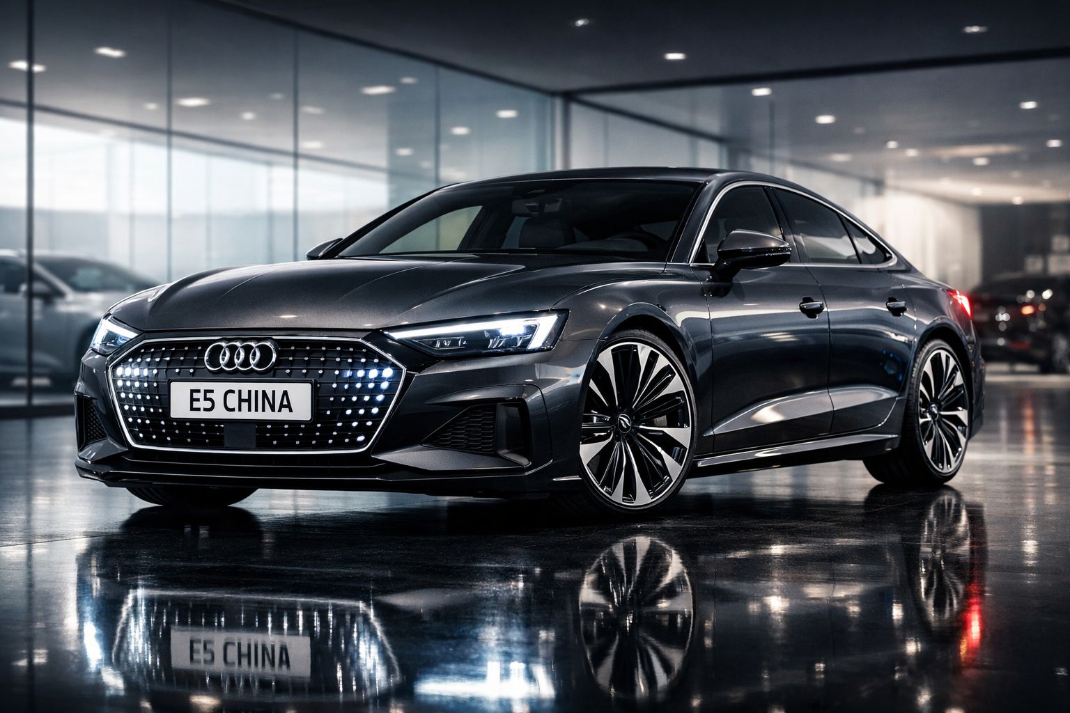 Carro Audi elétrico cinza escuro com faróis acesos em ambiente interno moderno e refletivo.