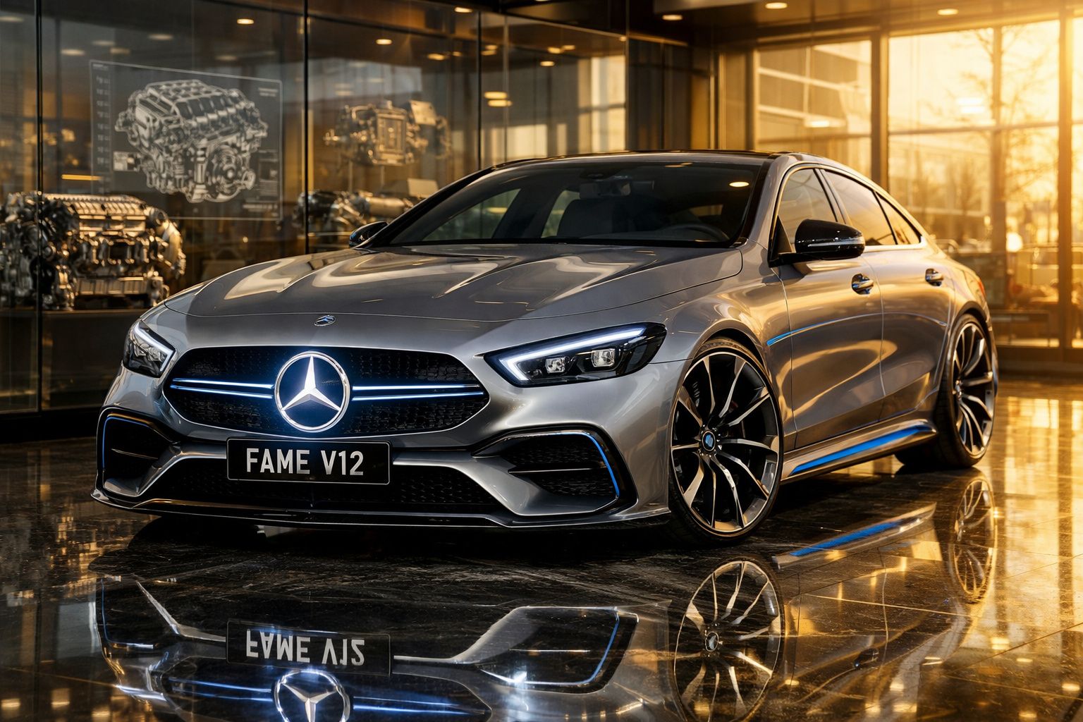 Carro esportivo Mercedes-Benz prata estacionado em ambiente interno com reflexão no piso brilhante.