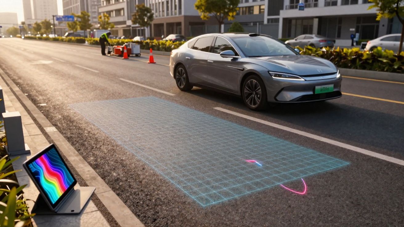 Carro cinza autônomo em rua urbana com projeção holográfica e tablet com tela colorida na calçada.