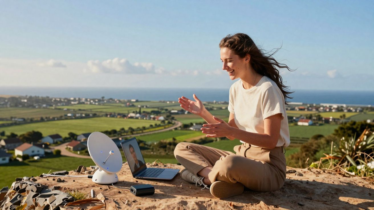 Mulher sorridente sentada ao ar livre em laptop, fazendo videochamada com paisagem de campo ao fundo.