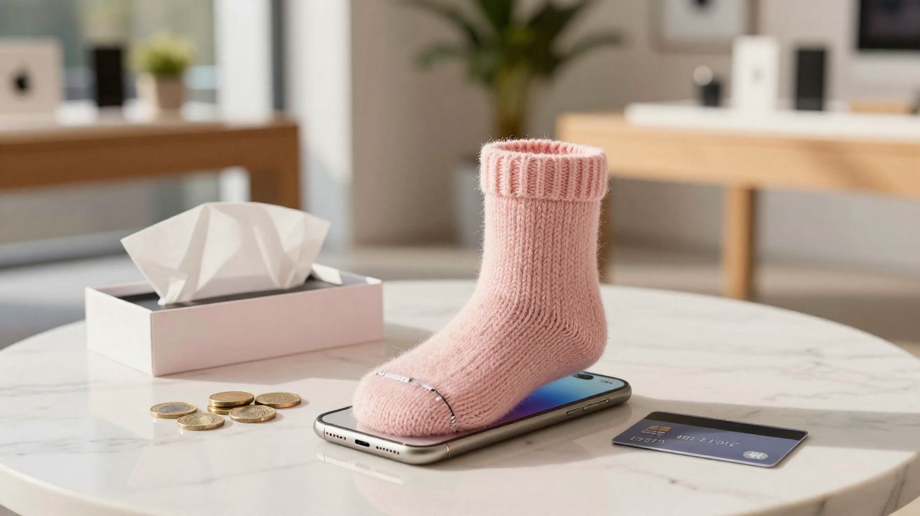 Meia rosa sobre celular com luz azul, ao lado de caixa de lenços, moedas e cartão de crédito em mesa branca.