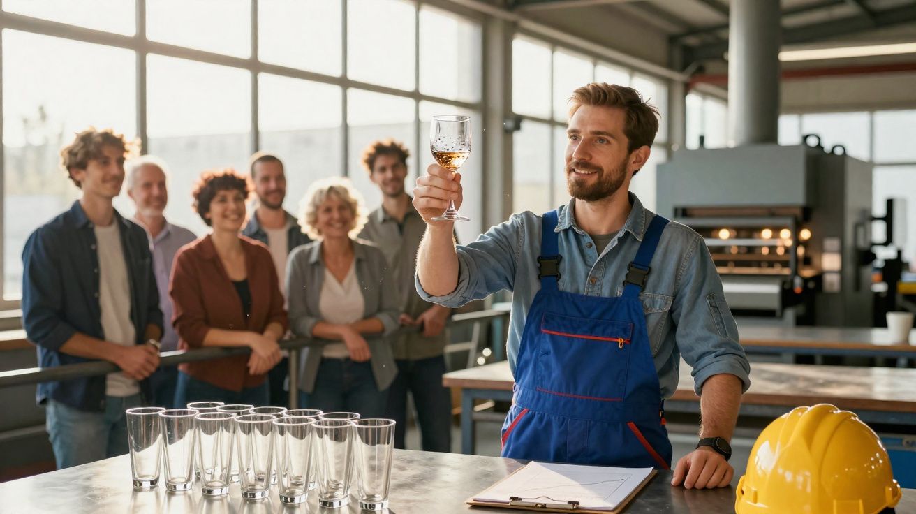 Trabalhador com macacão azul levanta taça de cerveja orgulhoso enquanto grupo observa em ambiente industrial.