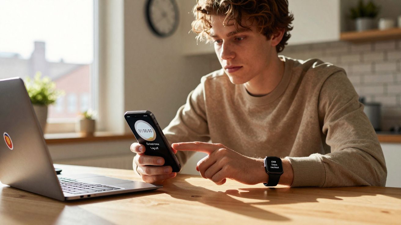 Jovem usando celular para cronometrar tempo, com laptop aberto em mesa iluminada pela luz natural.
