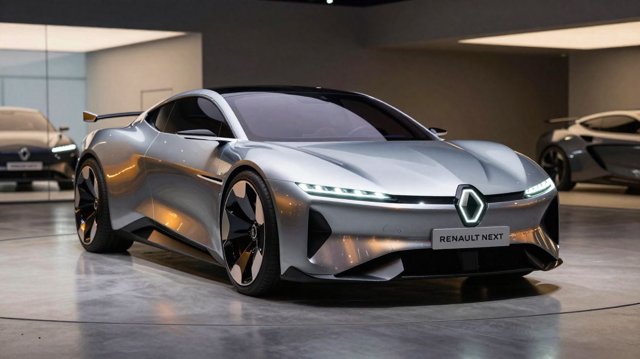 Carro esportivo conceito Renault Next prata em exposição com design aerodinâmico e futurista.