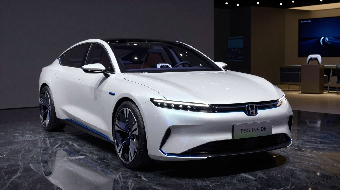 Carro elétrico branco da Honda apresentado em exposição, com design moderno e faróis estreitos.