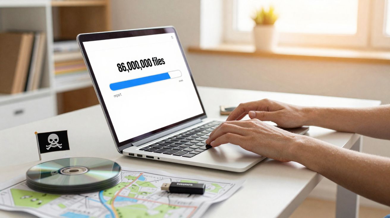 Pessoa usando laptop para copiar 86 milhões de arquivos, com disco e pen drive ao lado em mesa branca.