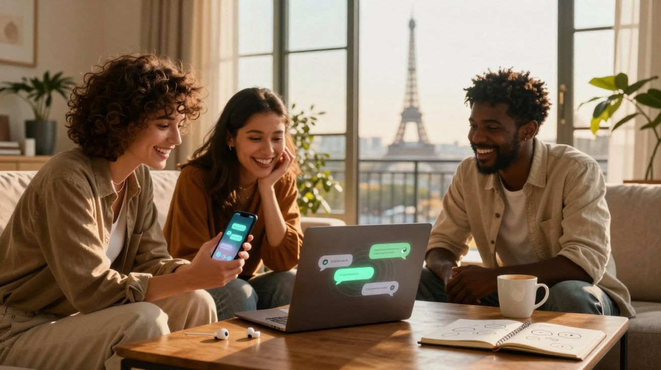 Três jovens conversando e sorrindo ao redor de um laptop com mensagens, Torre Eiffel ao fundo.