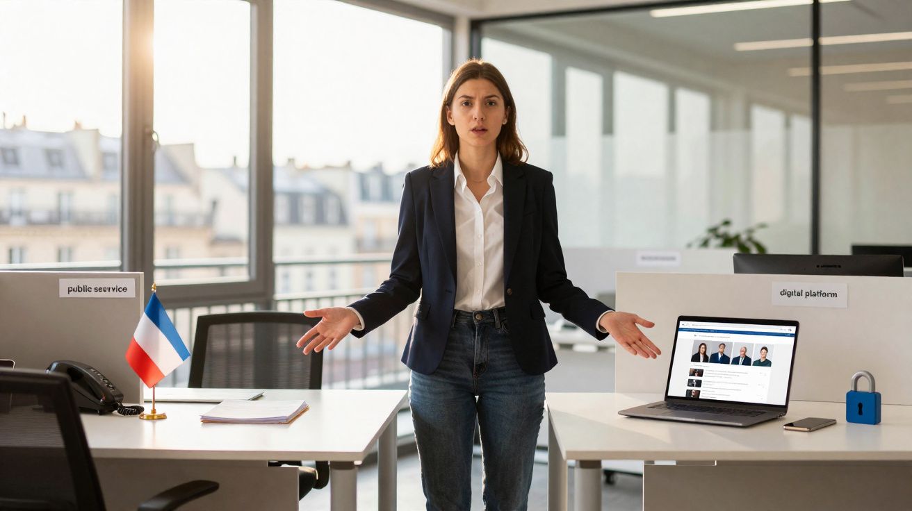 Mulher em escritório moderno entre duas mesas, com expressão de dúvida e braços abertos.