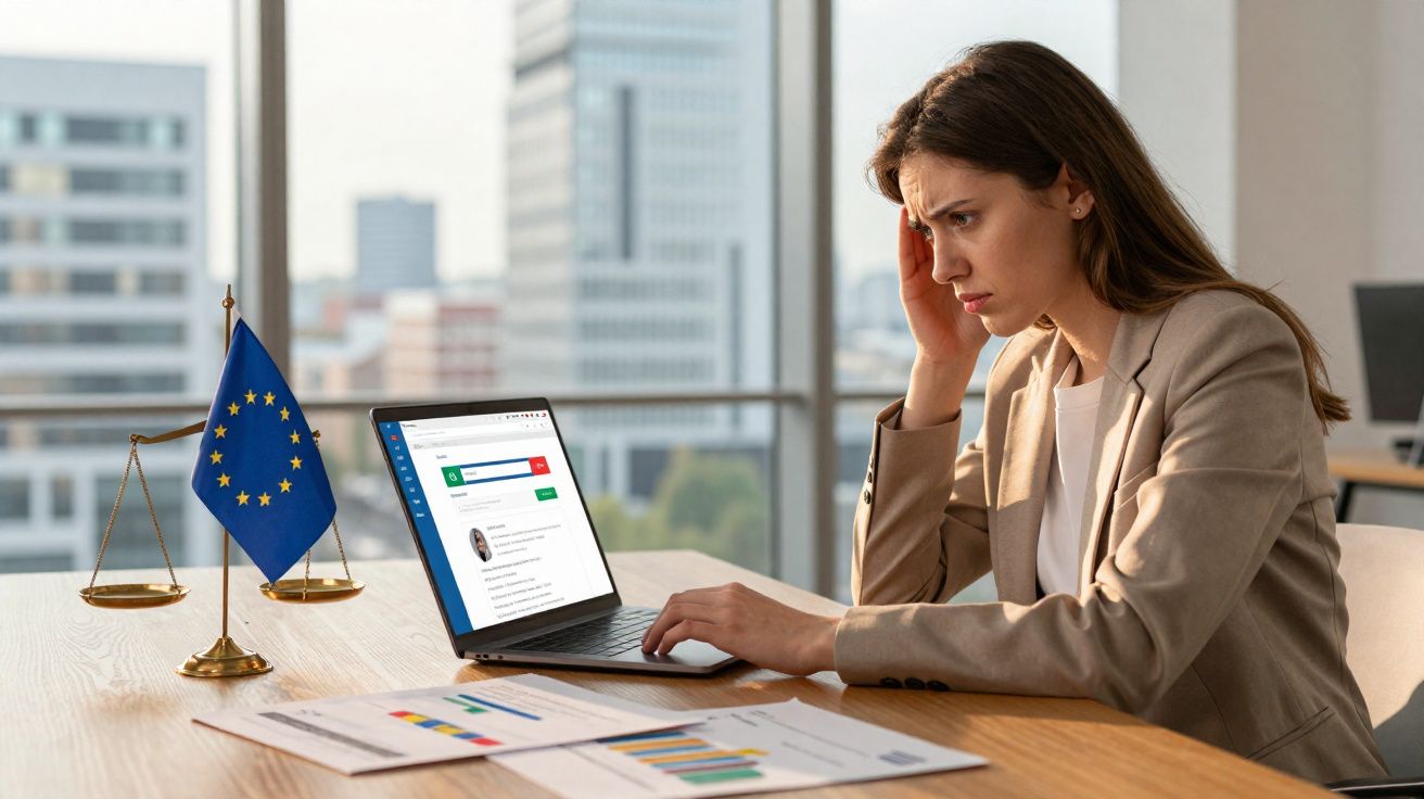 Mulher preocupada usando laptop em escritório com bandeira da União Europeia e documentos sobre a mesa.