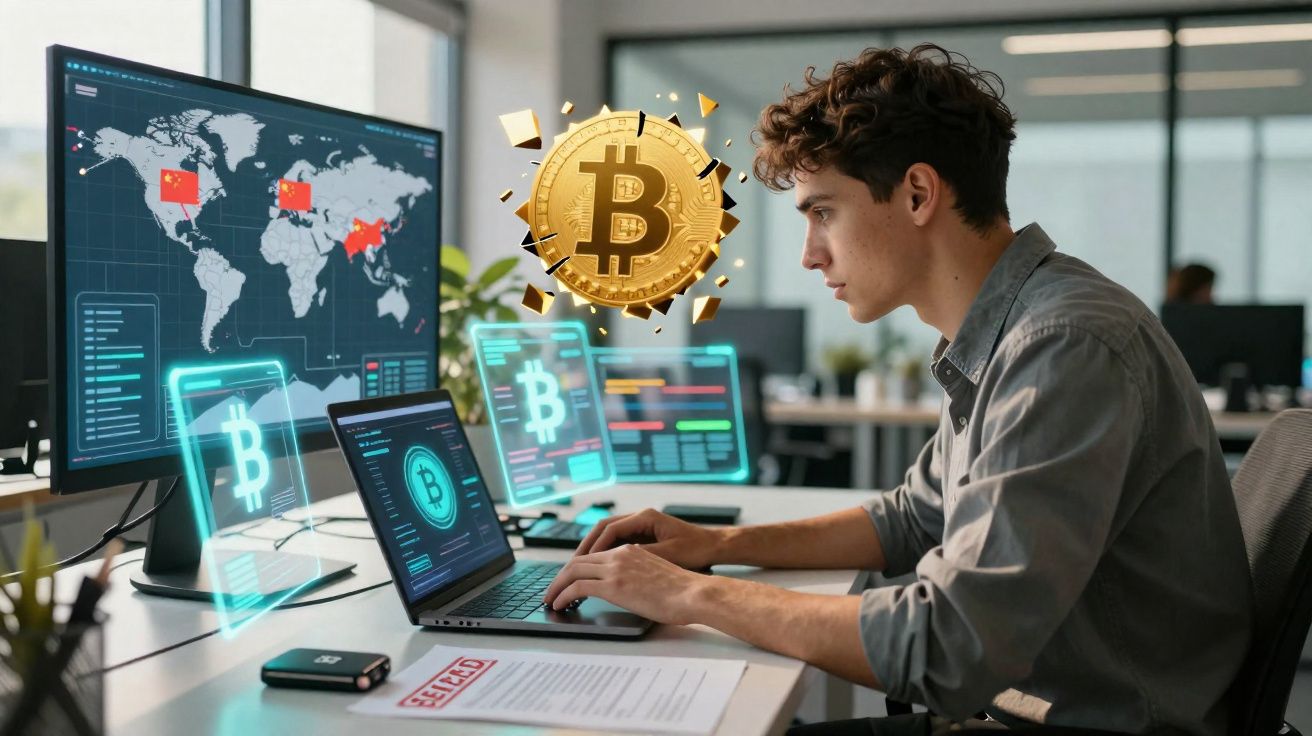 Jovem analisa dados de bitcoin em múltiplas telas com mapa-múndi e gráficos em escritório moderno.