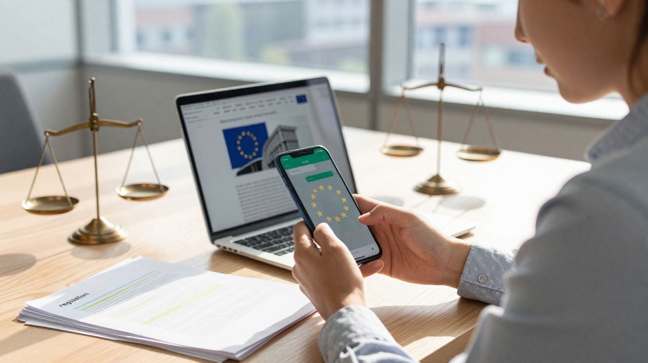 Pessoa segurando celular com símbolo da União Europeia, ao lado de laptop e documentos sobre mesa.