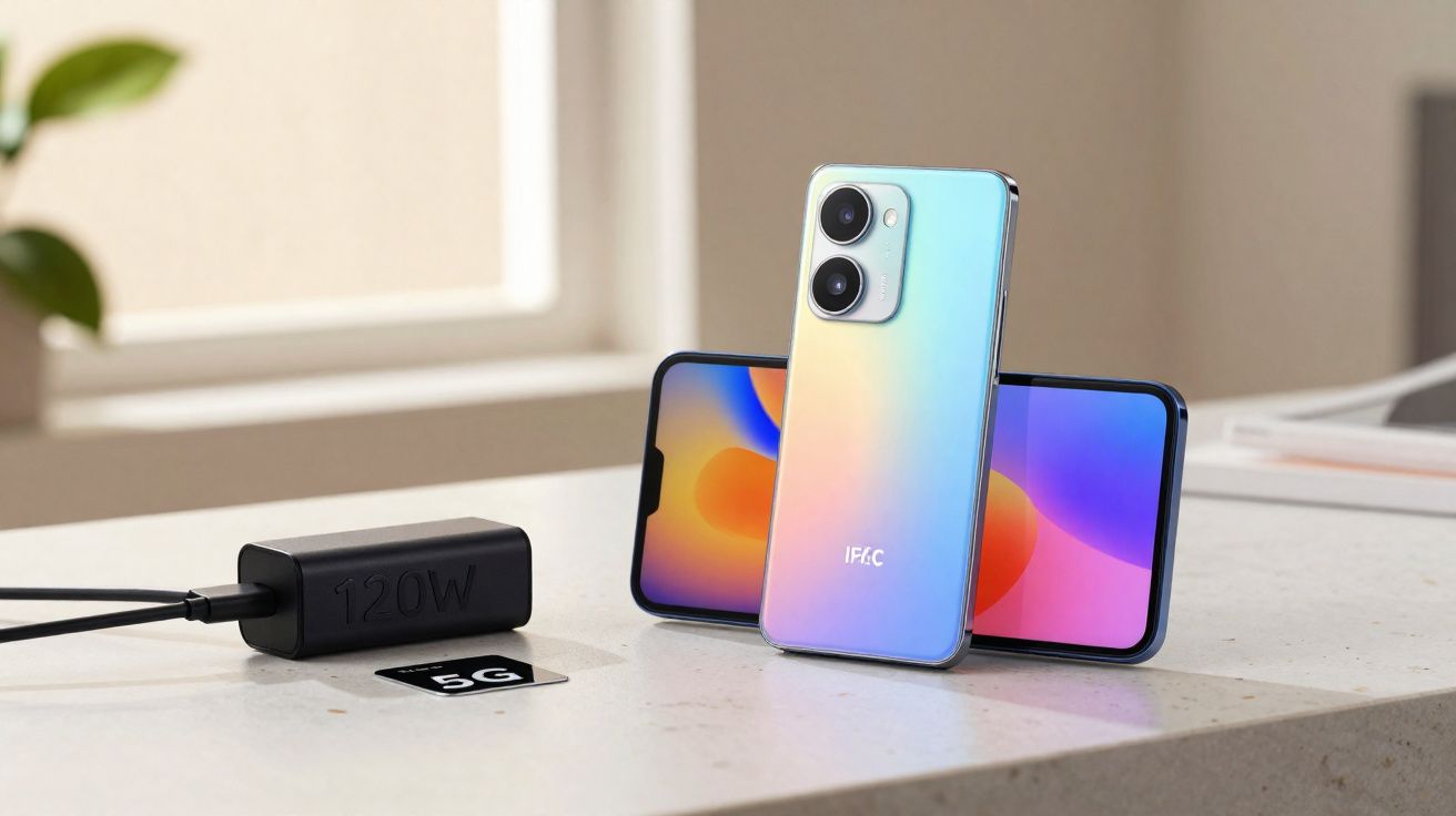 Dois smartphones IFAC, um de frente com tela colorida e outro de costas, com carregador rápido 120W e símbolo 5G.