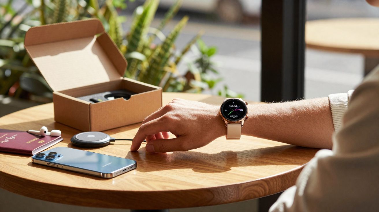 Braço com relógio inteligente tocando smartphone sobre mesa de madeira com caixa aberta e fones próximos.