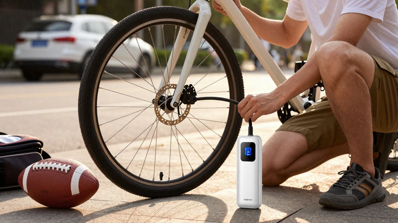 Pessoa inflando pneu de bicicleta com compressor portátil na calçada, bola de futebol americano ao lado.
