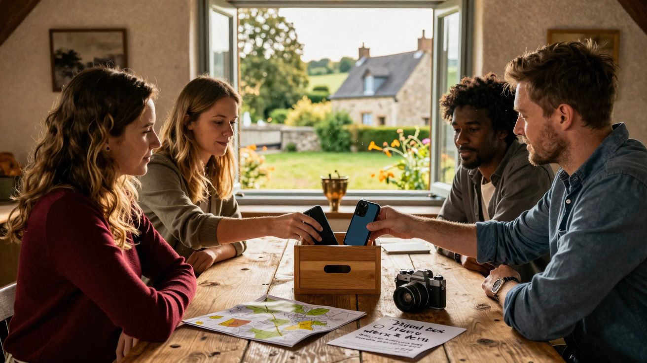 Quatro pessoas sentadas em mesa de madeira colocando celulares em caixa com mapa e câmera ao redor, janela aberta atrás.