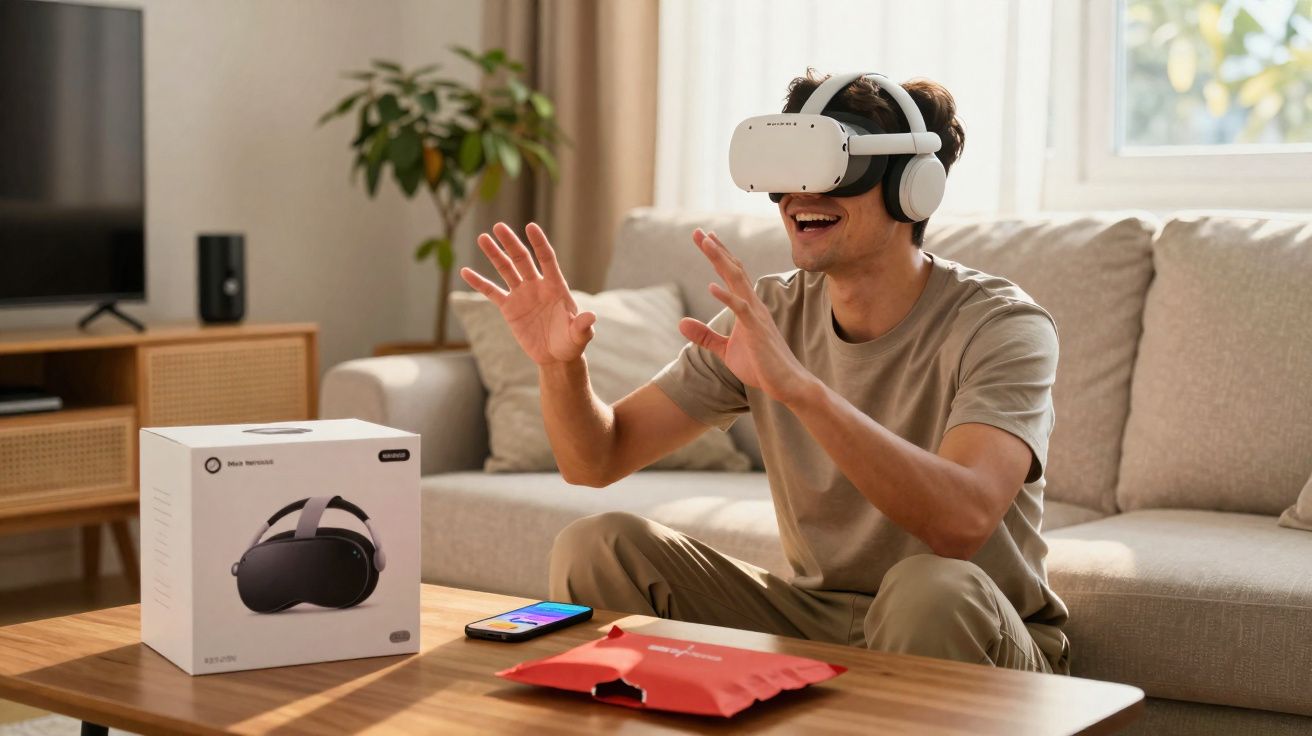 Jovem sorrindo usando óculos de realidade virtual sentado em sofá, com caixa do dispositivo à frente.